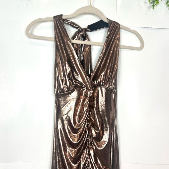 Camila Coelho Melany Halter Midi Dress XS Bronze Gold Lame Ruched Bodycon Shiny - Picture 4 of 16